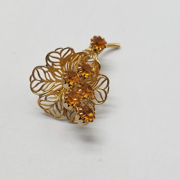 Vintage Gold Filigree Floral Brooch With Amber Rhinestones - Picture 2 of 4